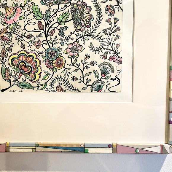 ORIGINAL FRAMED ART Tattoo Floral Ink Graphic Drawing & Painted Geometric Frame - Picture 13 of 16